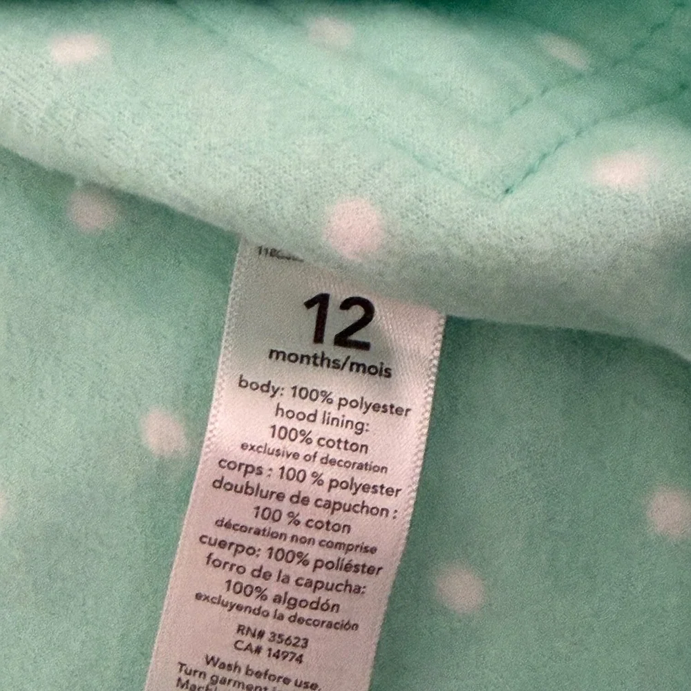 Carters Baby Girl 12M Mint Green Polka Dot Fleece Hooded Jumpsuit Heart